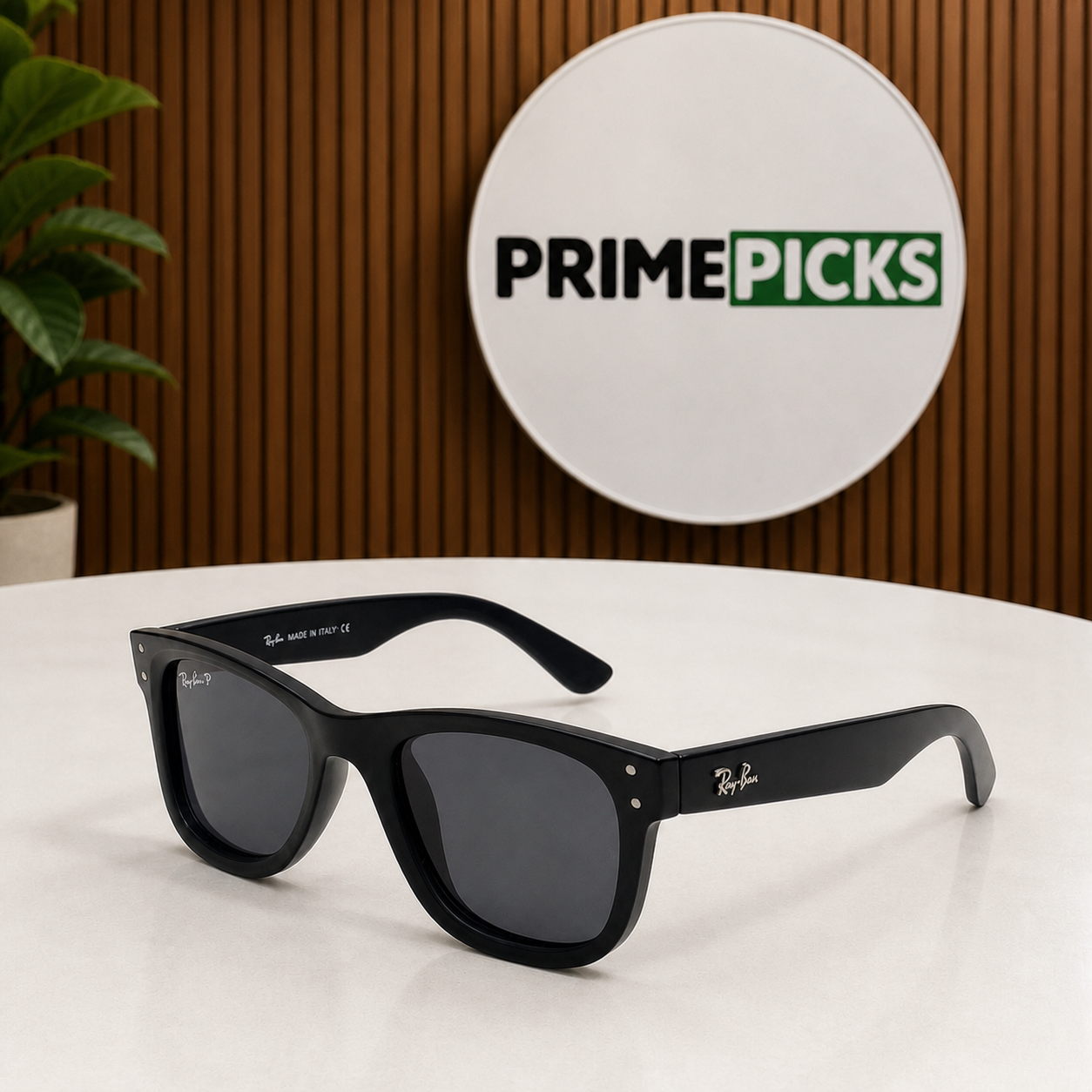 RayBan black rectangular sunglasses on a white surface with PrimePicks sign