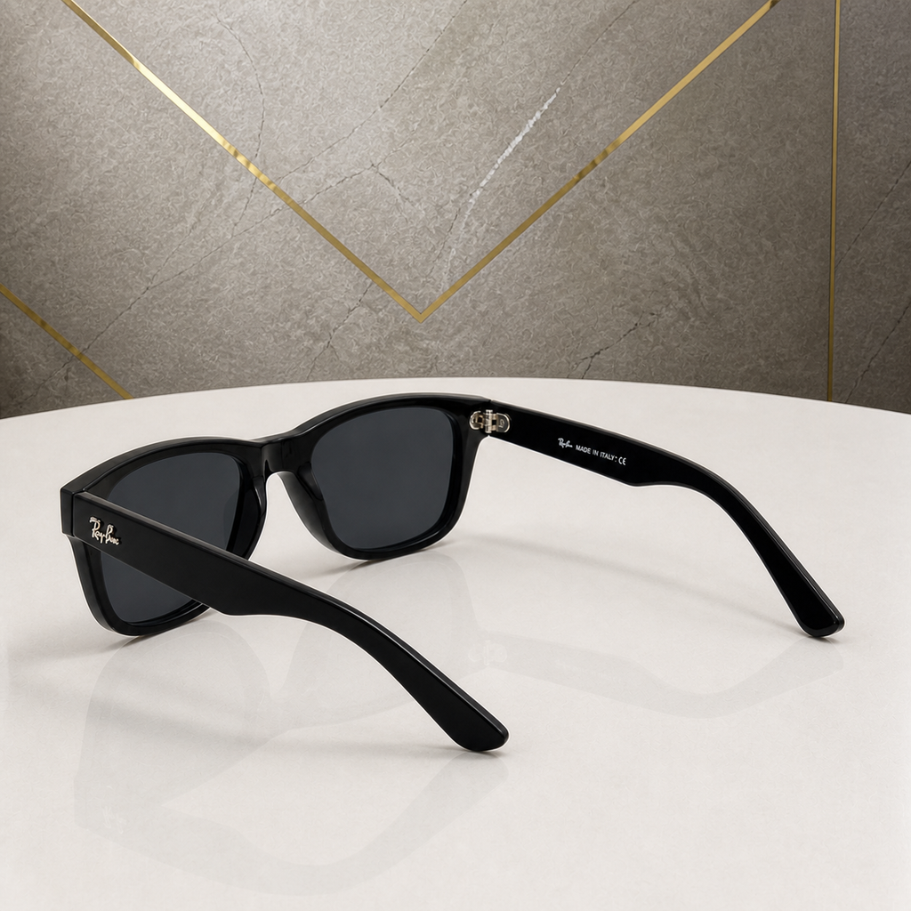 Rear three-quarter view of RayBan black rectangular sunglasses against grey stone wall