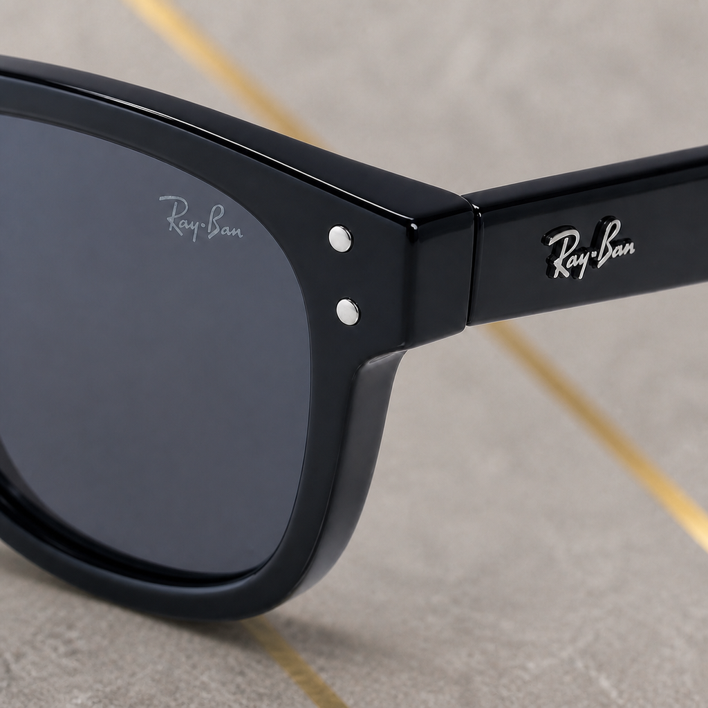 Close-up of RayBan sunglasses lens, twin rivets and temple detail