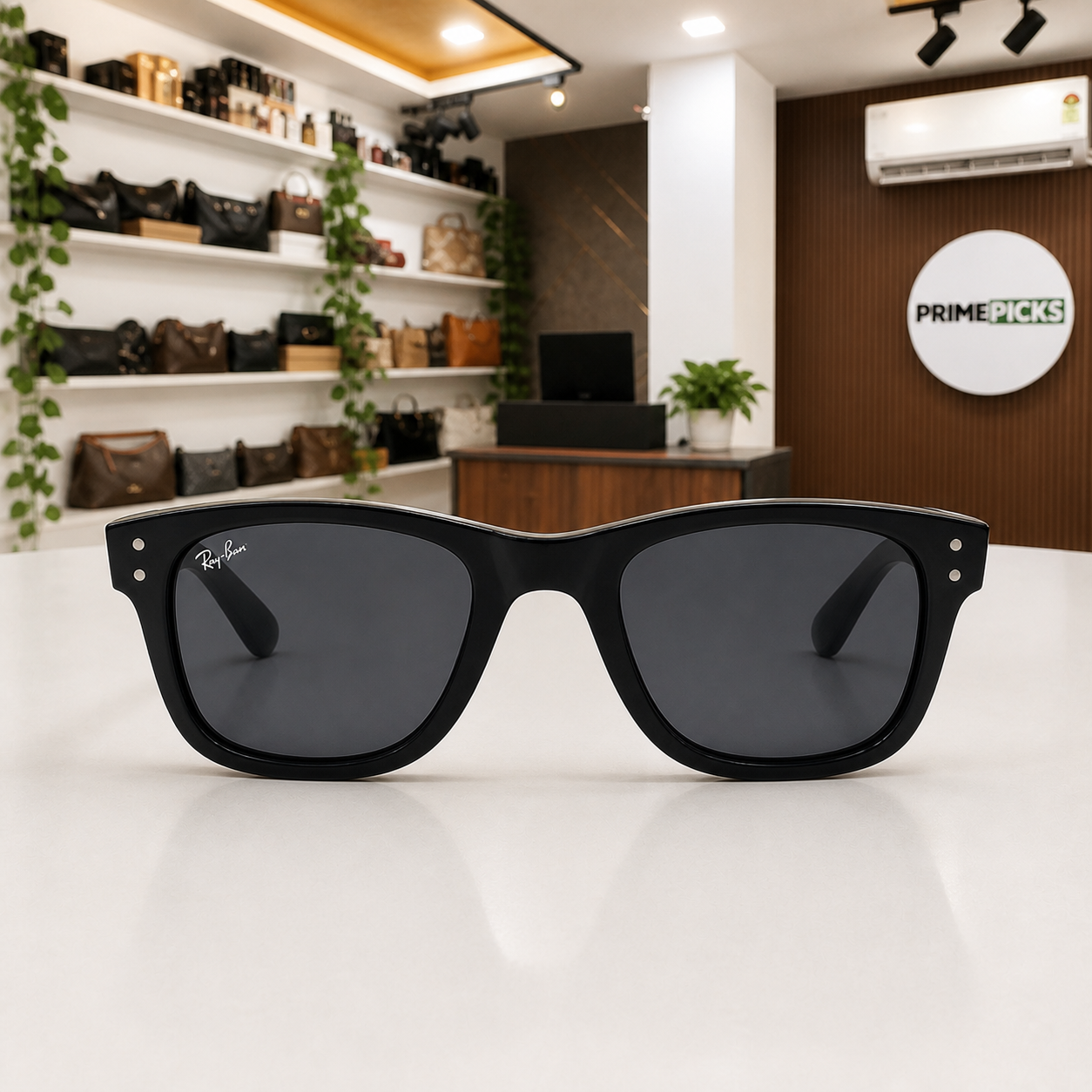 Front view of RayBan black rectangular sunglasses in the PrimePicks office