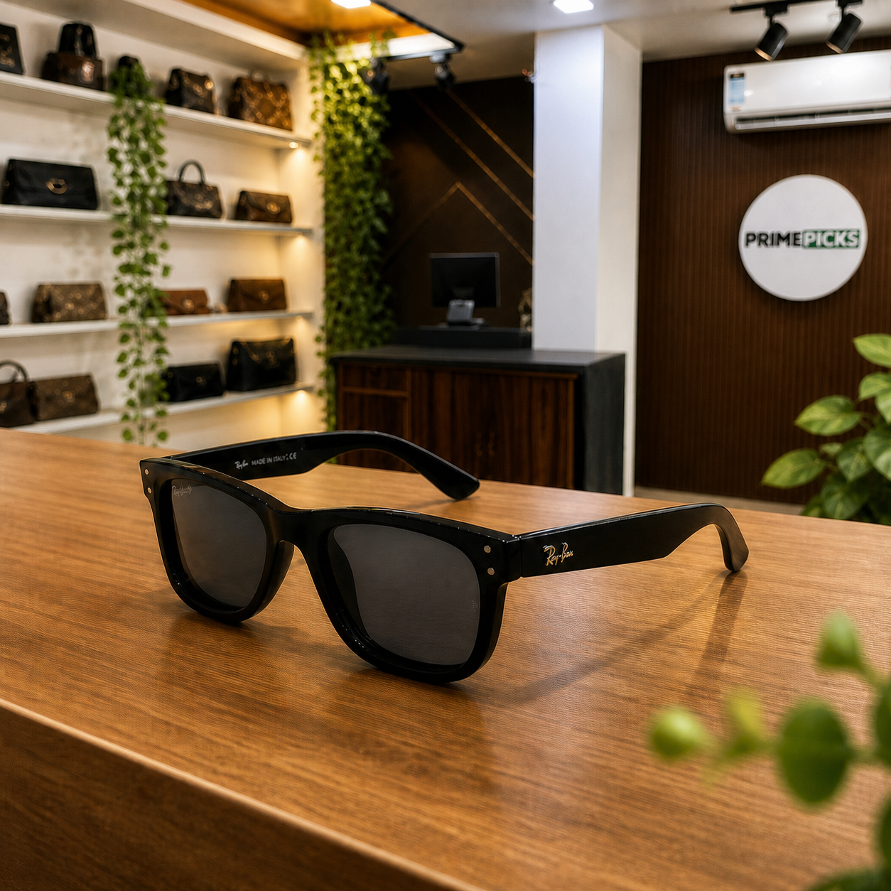RayBan black rectangular sunglasses on a wooden PrimePicks office desk