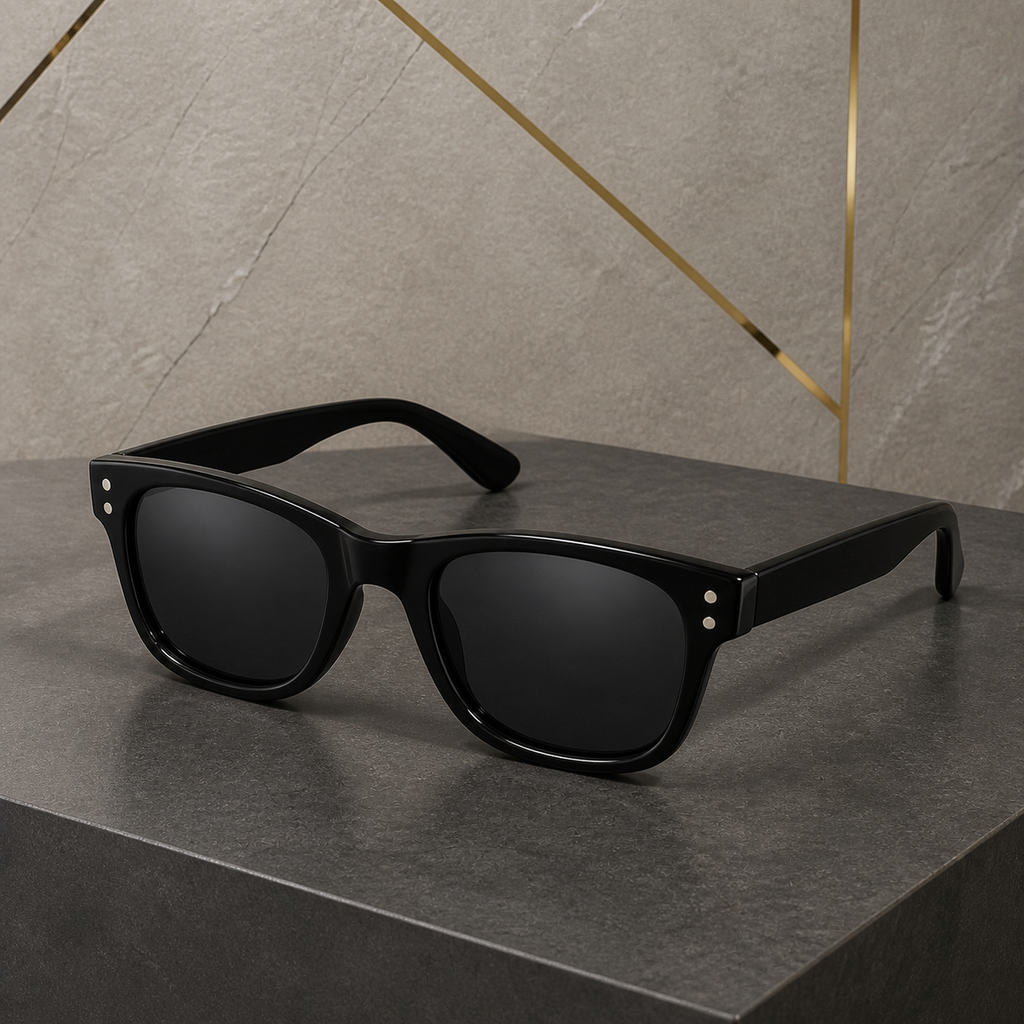 Ray-Ban 0502 glossy black square sunglasses alternate office view