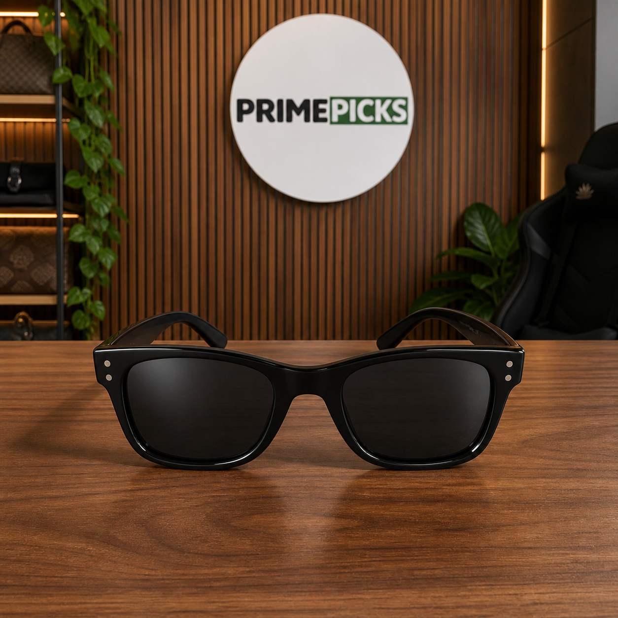 Ray-Ban 0502 glossy black square sunglasses hero view in PrimePicks office
