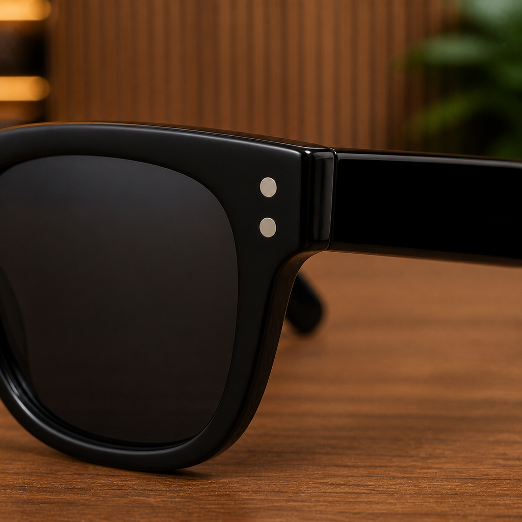 Ray-Ban 0502 glossy black square sunglasses double-rivet detail