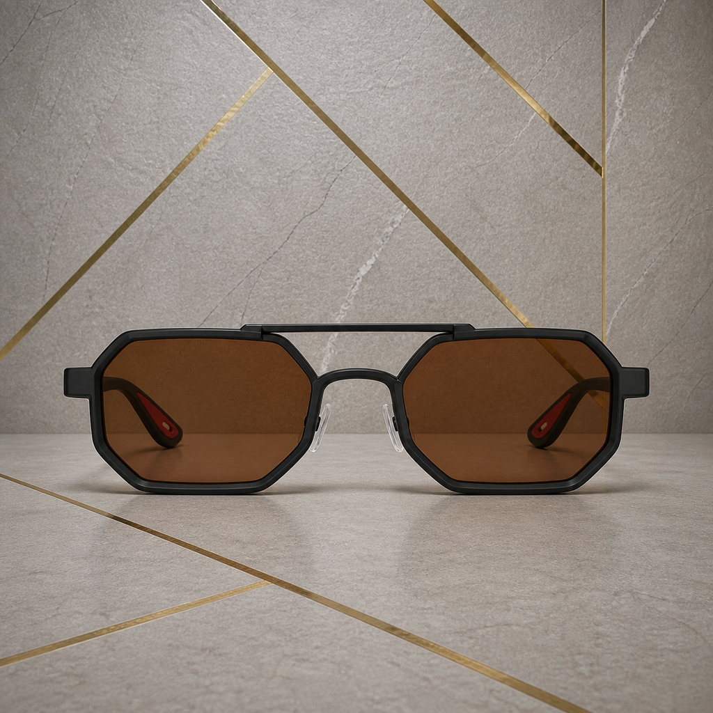 Straight-on view of black angular sunglasses with brown UV lenses