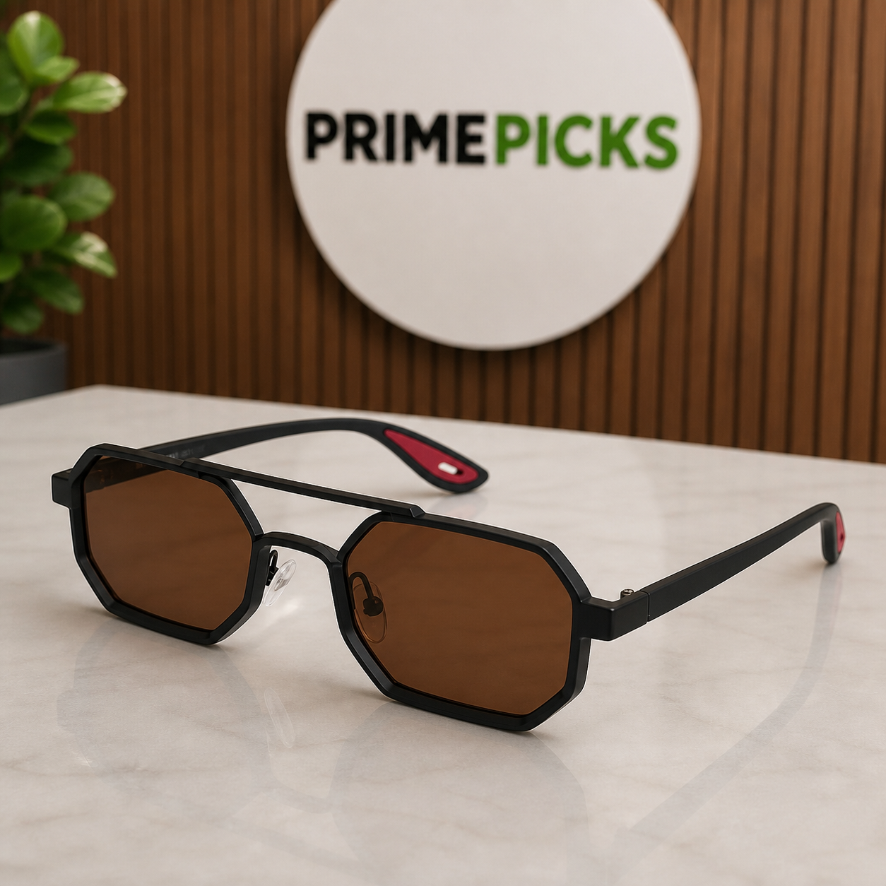 Ray-Ban black angular sunglasses with brown UV lenses in PrimePicks office