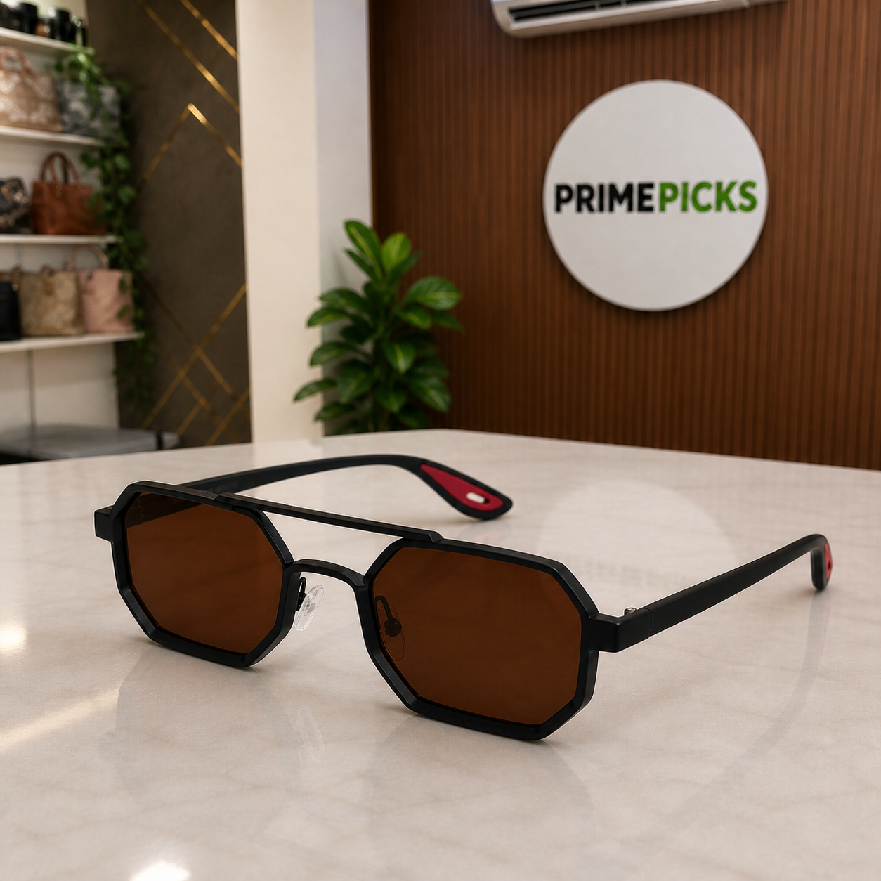 Black angular sunglasses staged in the PrimePicks office