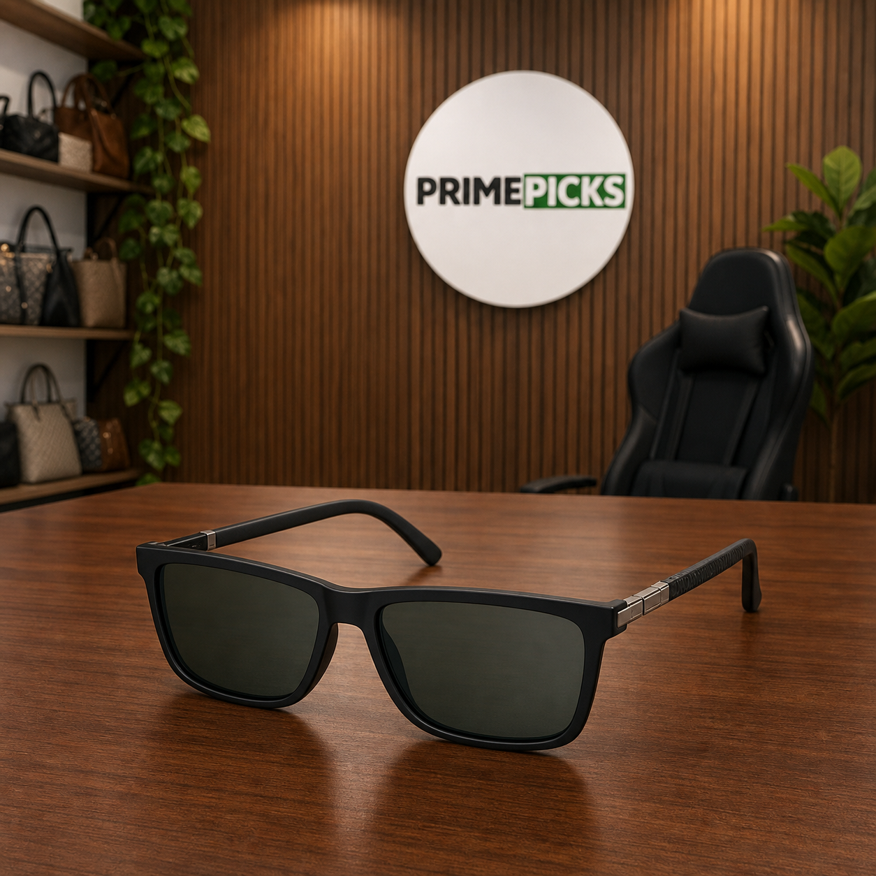 Ray-Ban black polarized rectangular sunglasses hero view in PrimePicks office