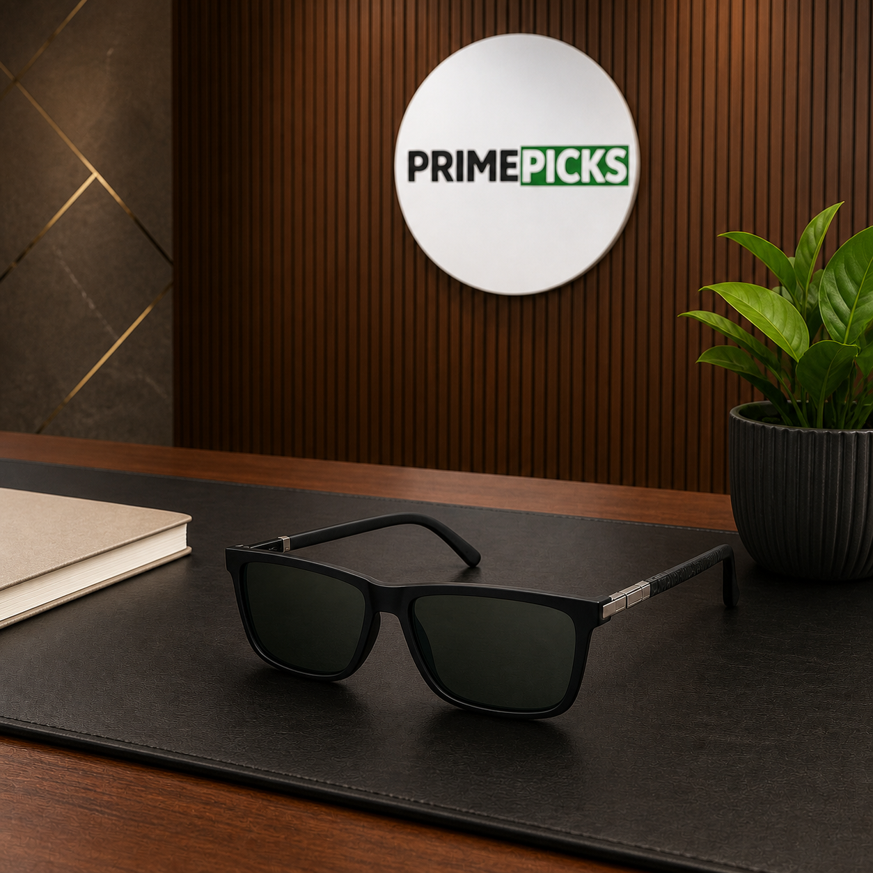 Ray-Ban black polarized rectangular sunglasses office lifestyle view