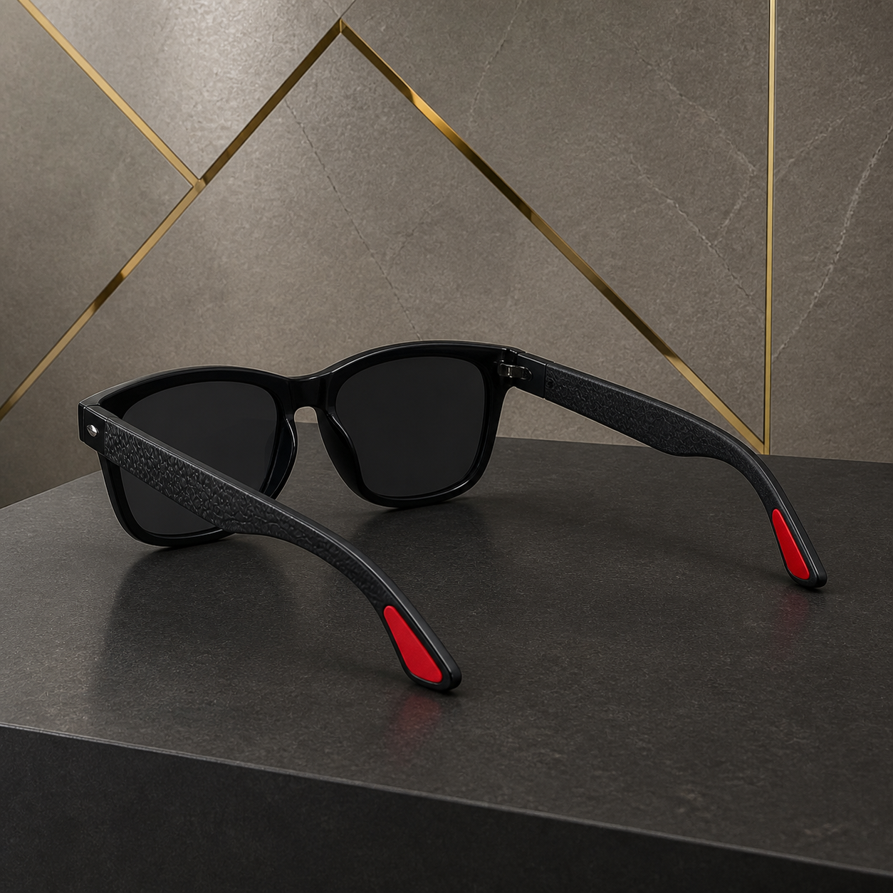 Ray-Ban black square sunglasses rear view with red temple accents