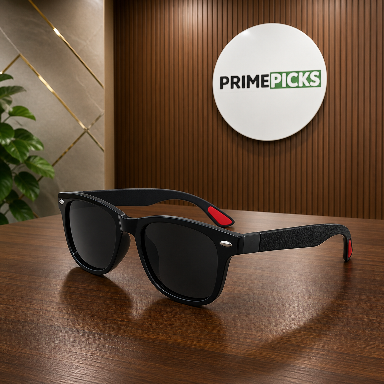 Ray-Ban black square sunglasses with red temple accents hero view