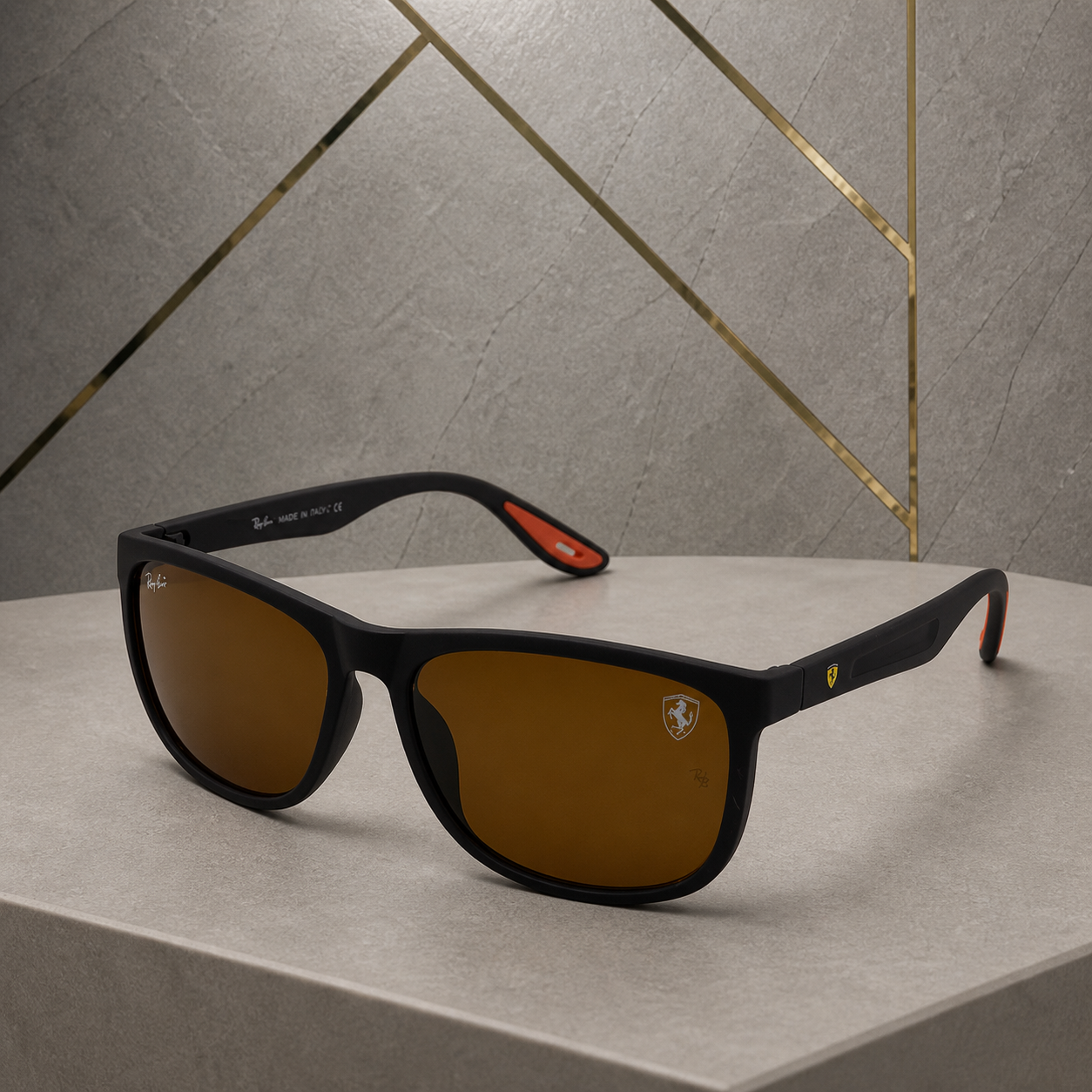 Ray-Ban polarized rectangular sunglasses in matte black frame with amber-brown lenses, hero view