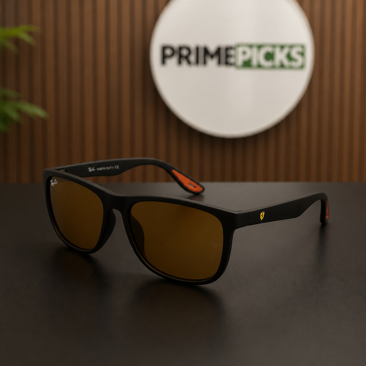 Ray-Ban polarized rectangular sunglasses in matte black frame with amber-brown lenses, alternate angle