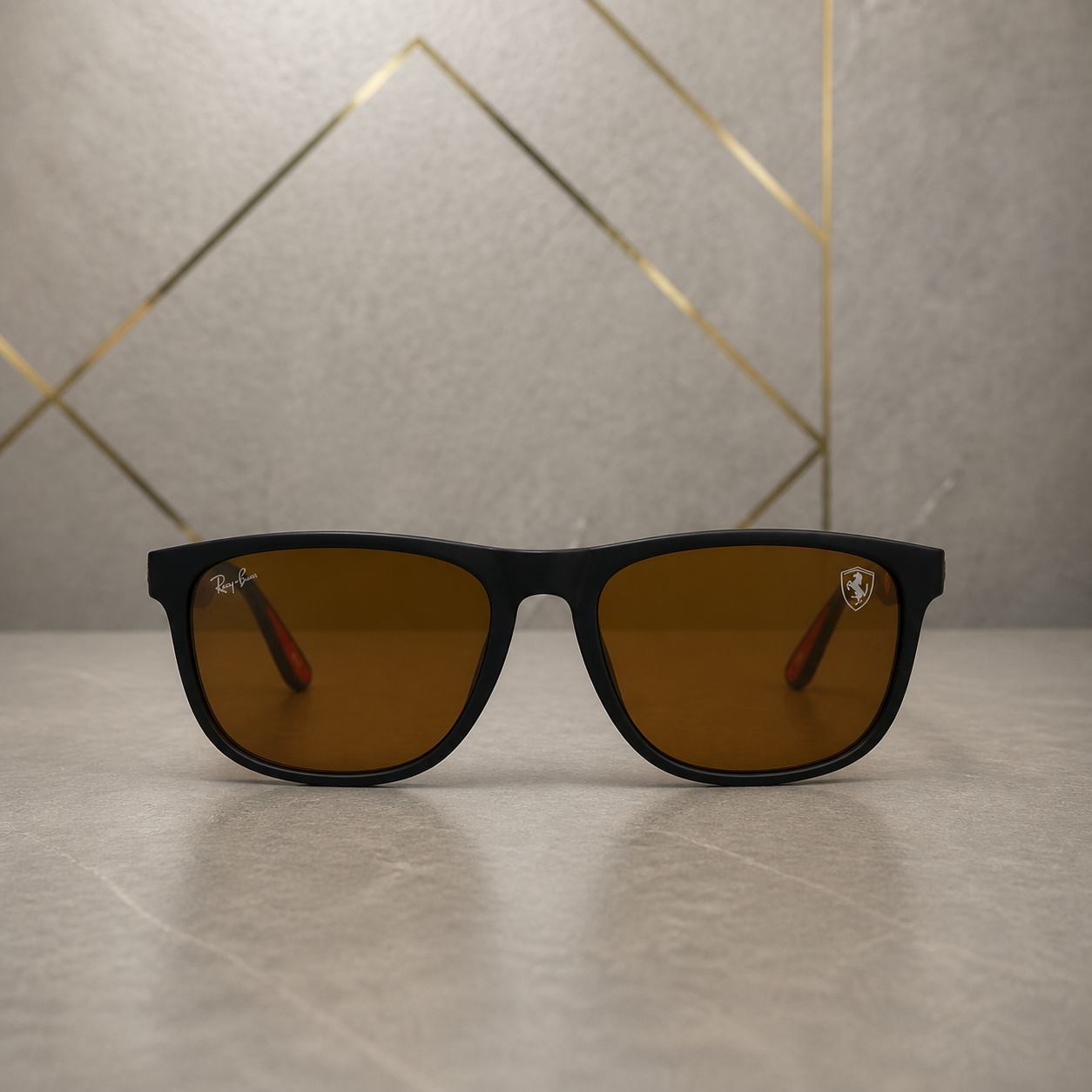 Ray-Ban polarized rectangular sunglasses in matte black frame with amber-brown lenses, front view