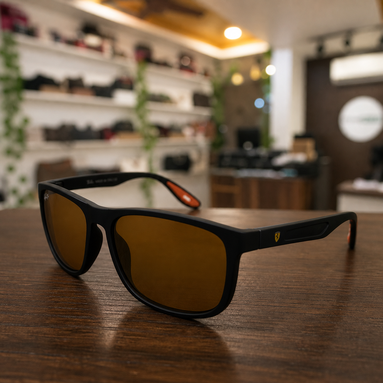 Ray-Ban polarized rectangular sunglasses in matte black frame with amber-brown lenses, temple and hinge detail