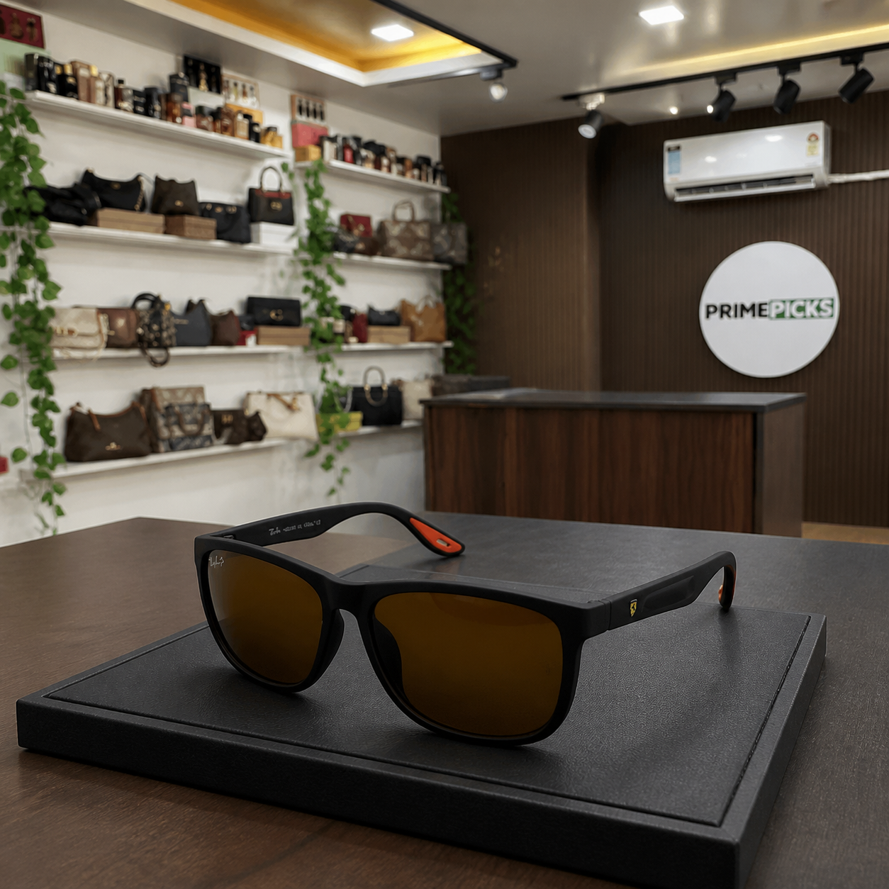 Ray-Ban polarized rectangular sunglasses in matte black frame with amber-brown lenses, PrimePicks office display