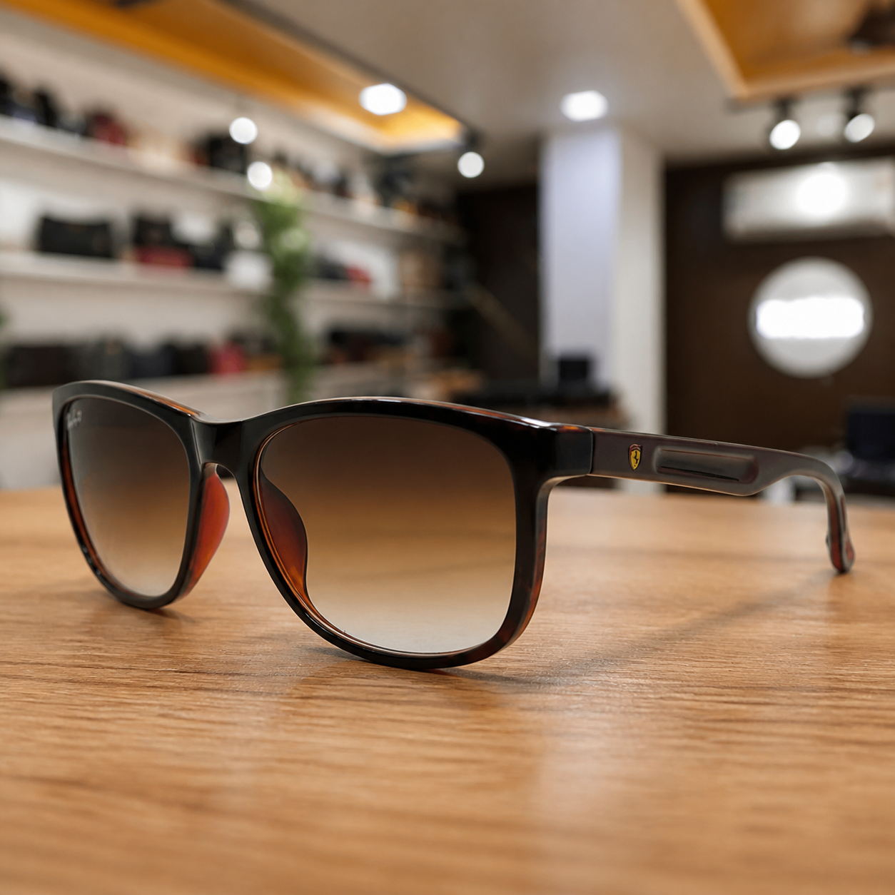 Ray-Ban polarized rectangular sunglasses in dark tortoiseshell frame with brown gradient lenses, temple and hinge detail