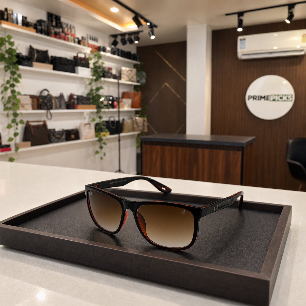Ray-Ban polarized rectangular sunglasses in dark tortoiseshell frame with brown gradient lenses, PrimePicks office display