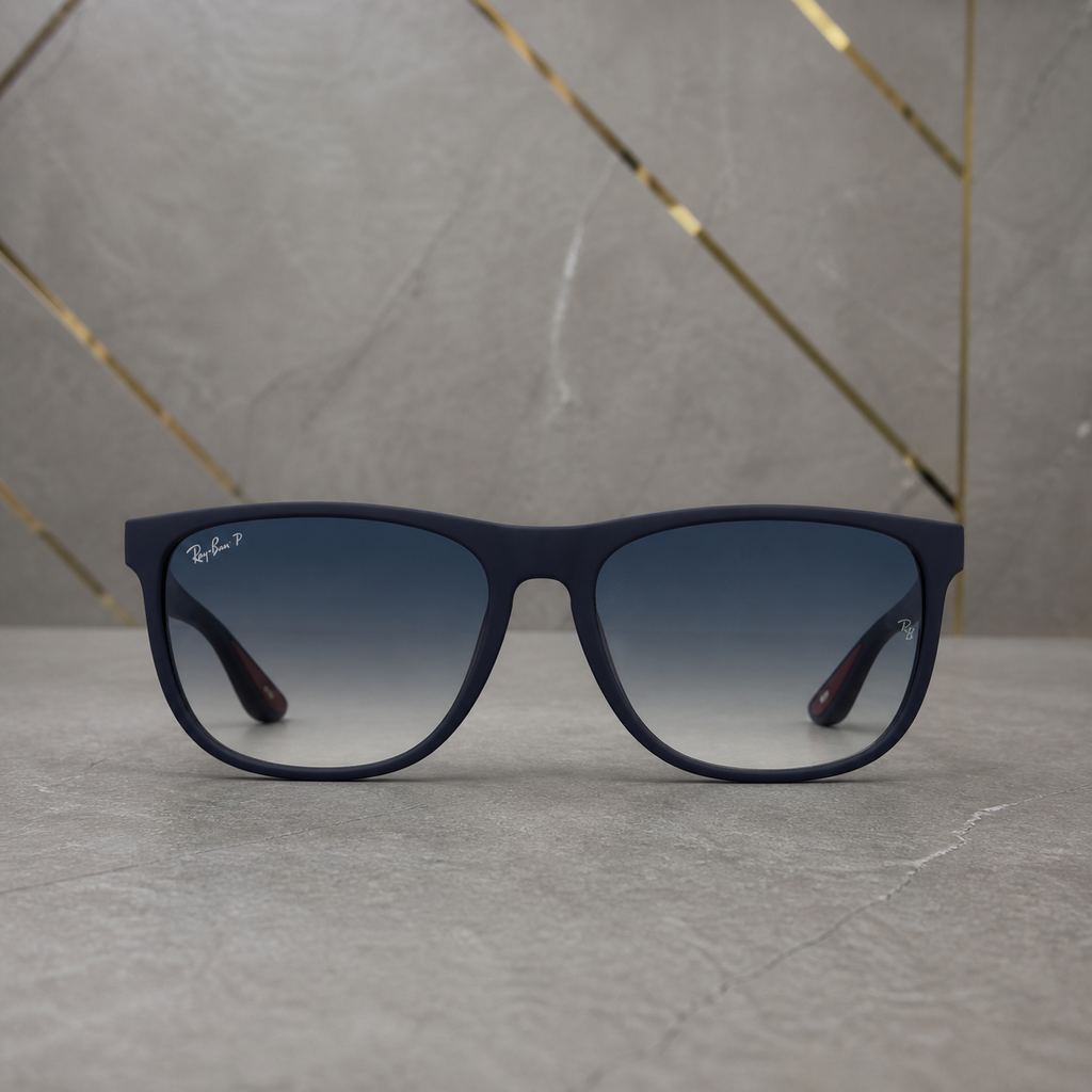 Ray-Ban polarized rectangular sunglasses in matte navy frame with blue gradient lenses, front view