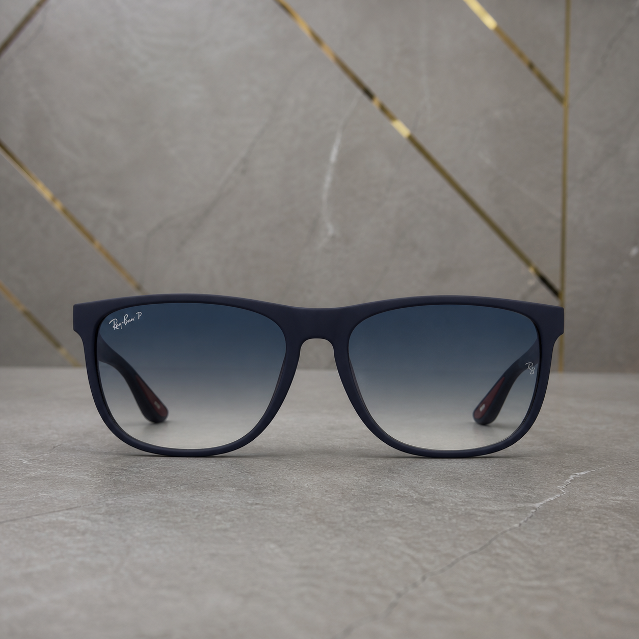 Ray-Ban polarized rectangular sunglasses in matte navy frame with blue gradient lenses, front view