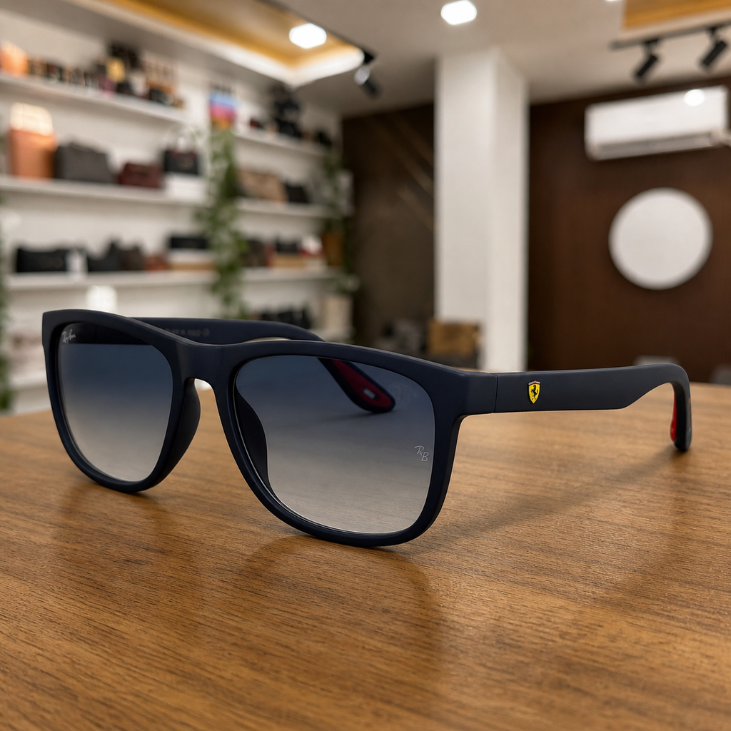 Ray-Ban polarized rectangular sunglasses in matte navy frame with blue gradient lenses, temple and hinge detail