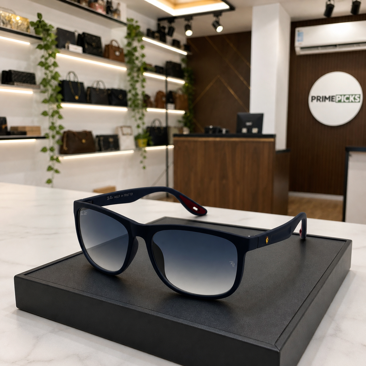 Ray-Ban polarized rectangular sunglasses in matte navy frame with blue gradient lenses, PrimePicks office display