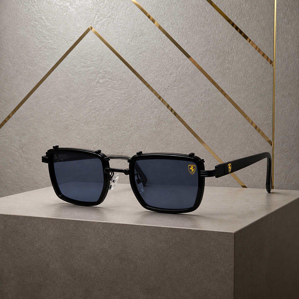 Ray-Ban unisex square clip-on sunglasses in Glossy Black Blue-Grey, hero three-quarter view