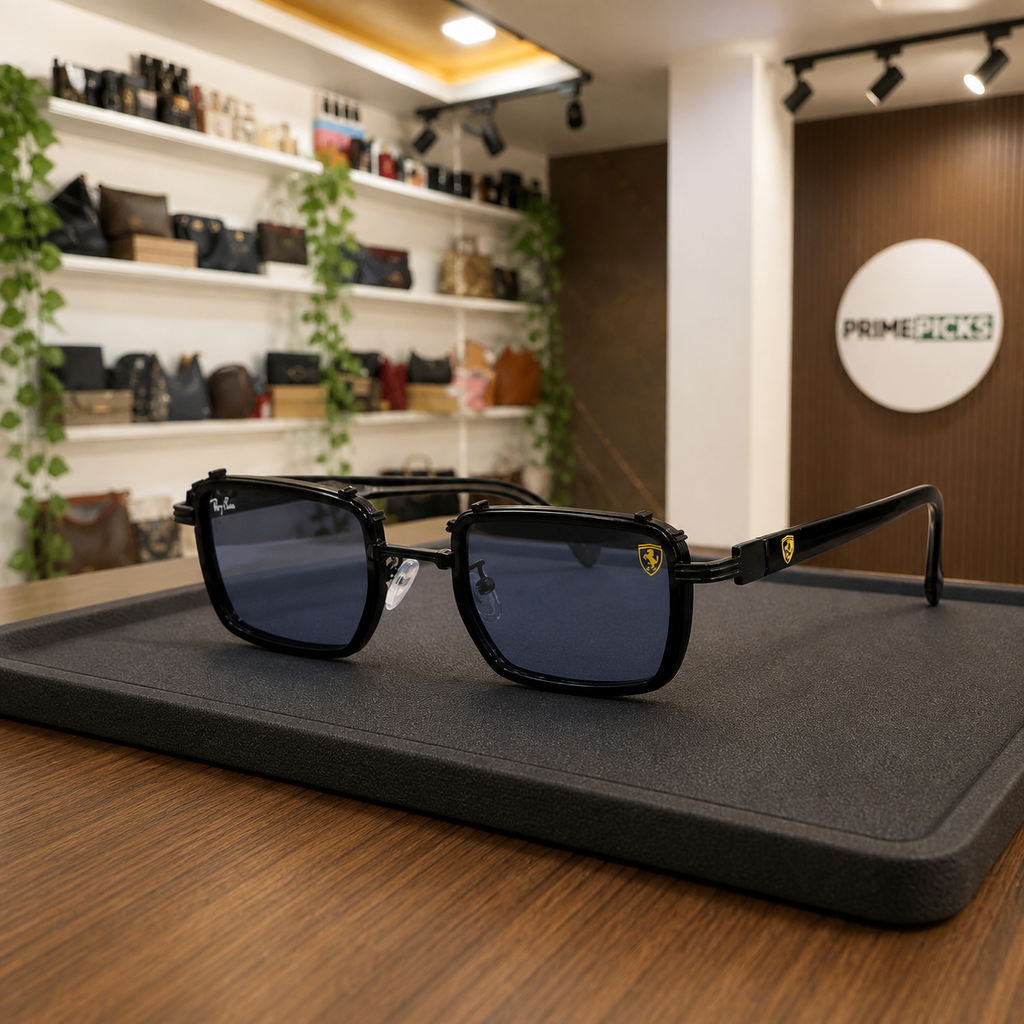 Ray-Ban unisex square clip-on sunglasses in Glossy Black Blue-Grey, office lifestyle view