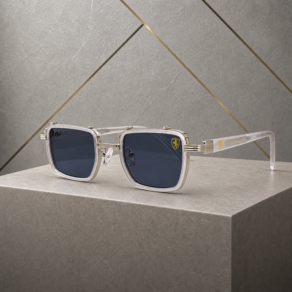 Ray-Ban unisex square clip-on sunglasses in Clear White Blue-Grey, hero three-quarter view