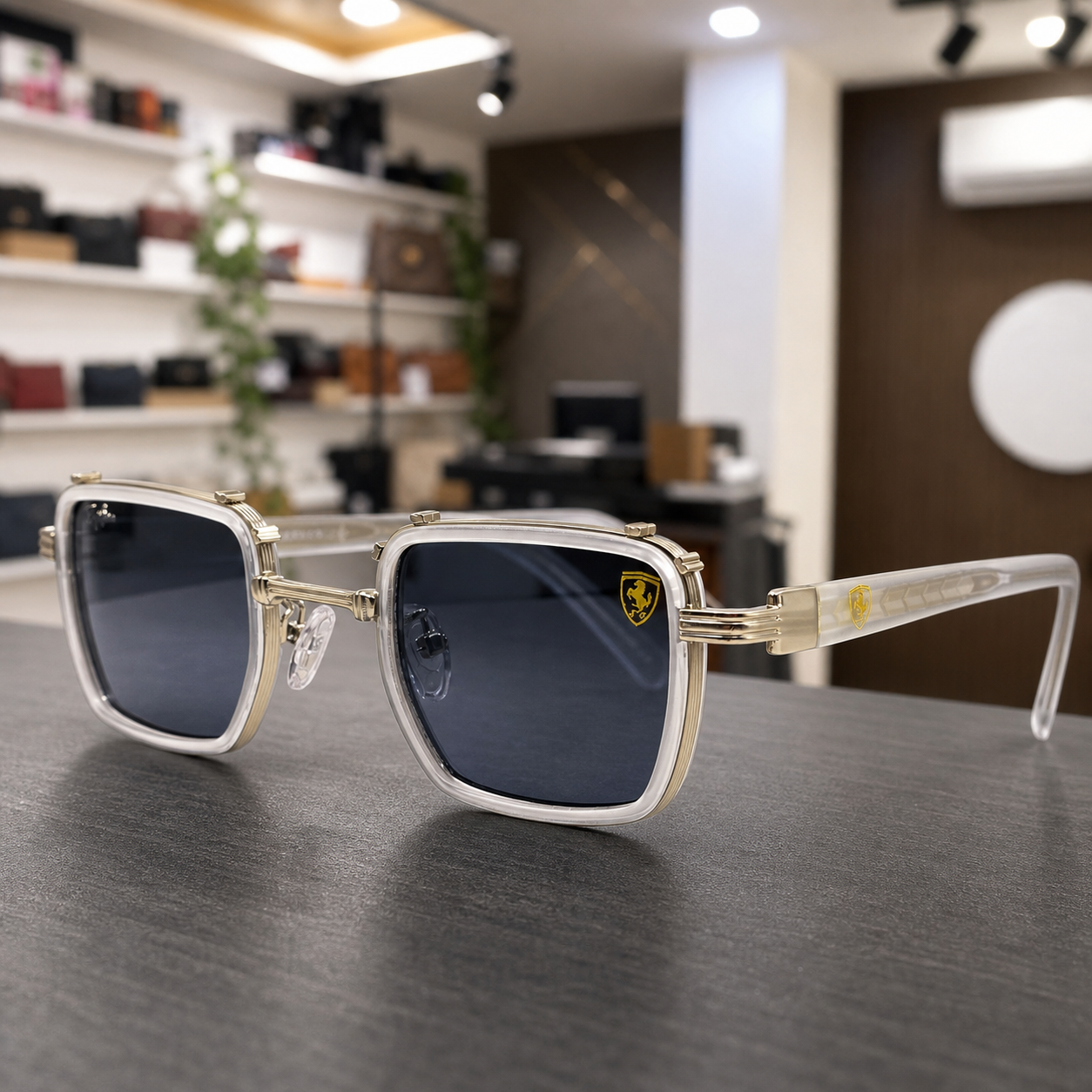 Ray-Ban unisex square clip-on sunglasses in Clear White Blue-Grey, detail view