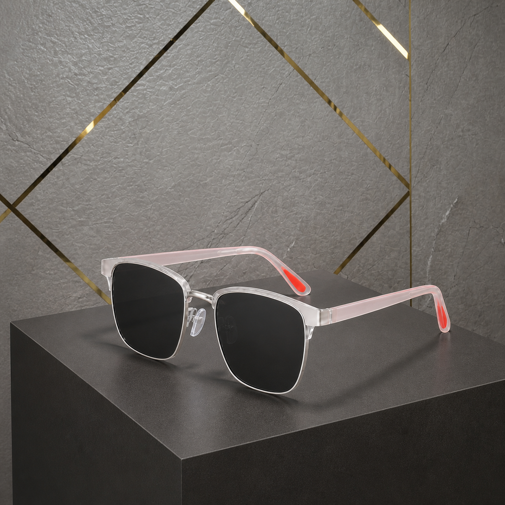 Ray-Ban translucent blush sunglasses rear view with red tip accents