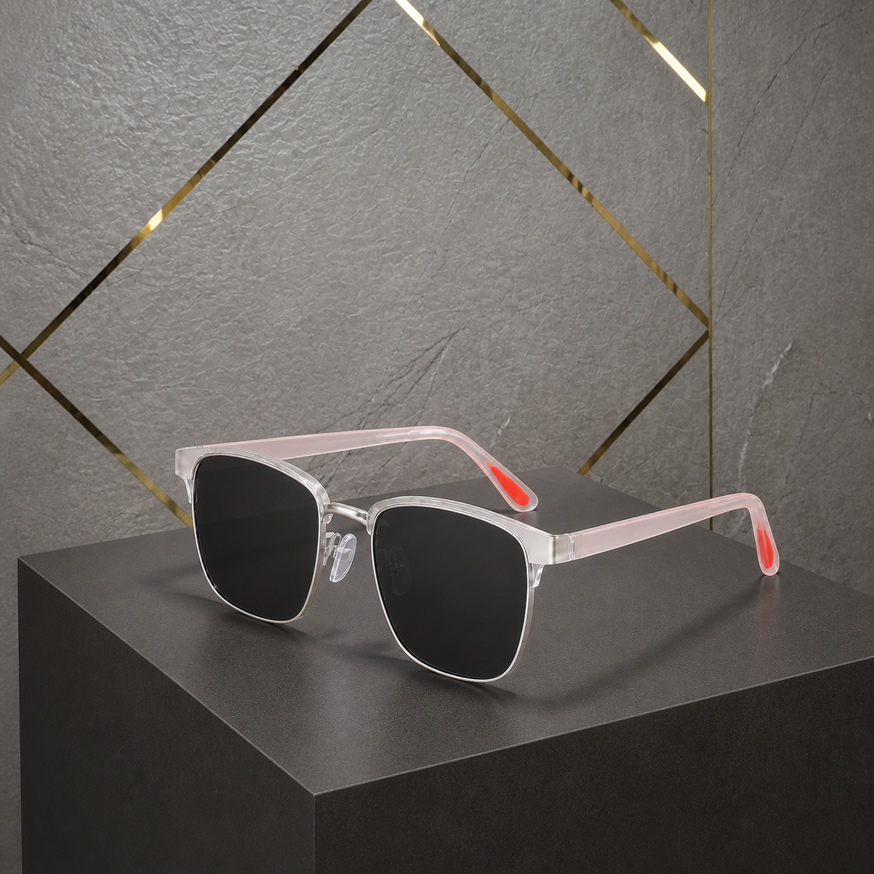 Ray-Ban translucent blush sunglasses rear view with red tip accents