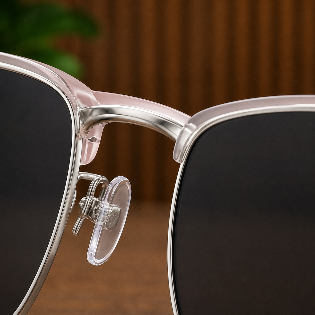 Ray-Ban translucent blush sunglasses bridge and nose-pad detail