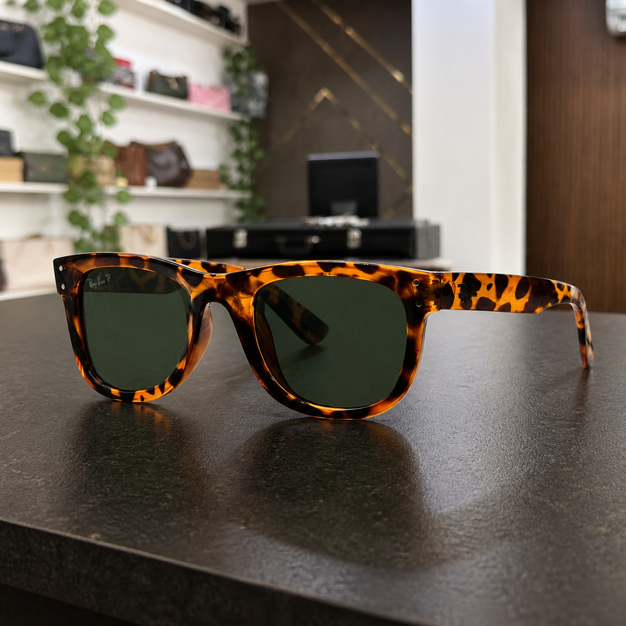 Ray-Ban unisex square sunglasses in Dark Tortoiseshell / Green Lens, office lifestyle view
