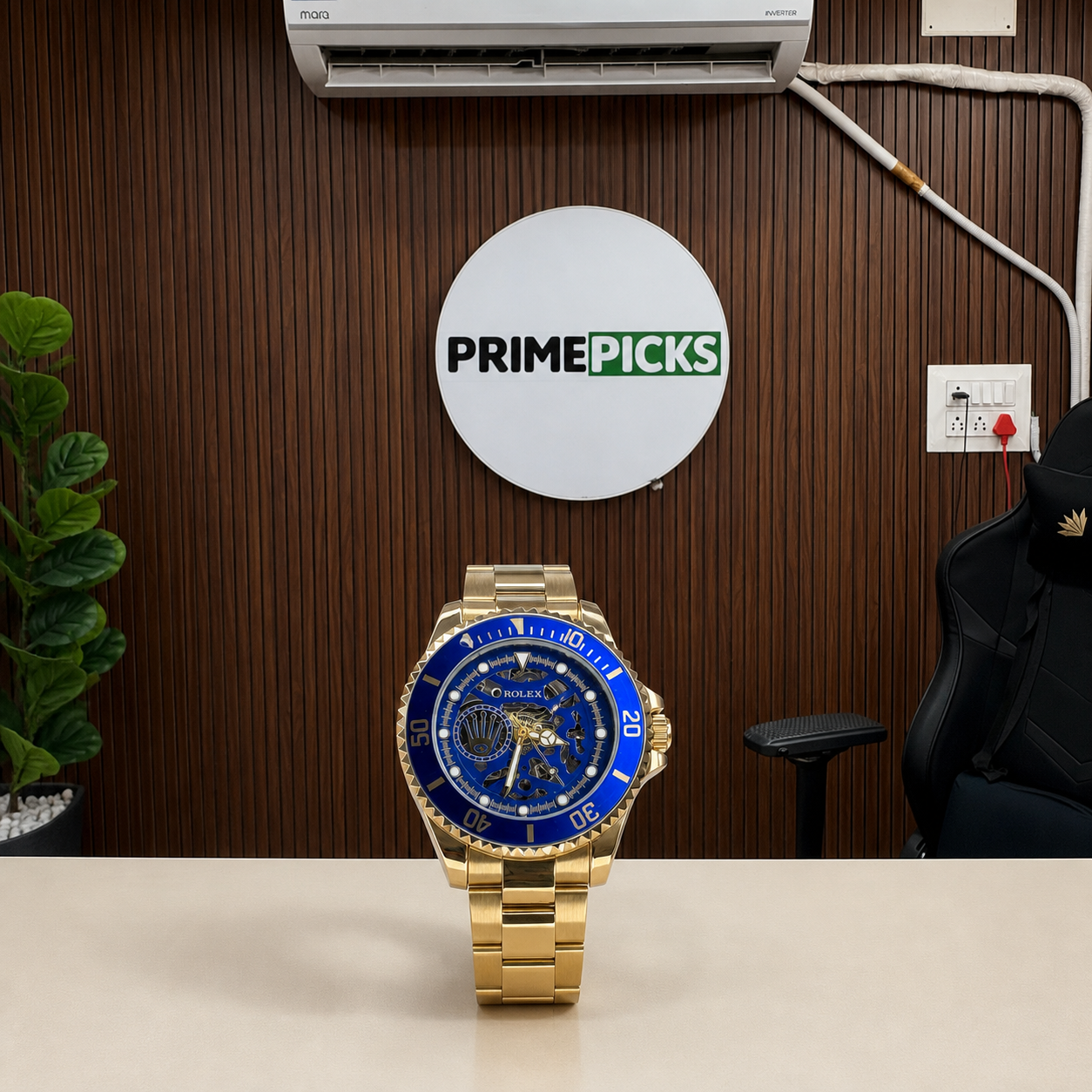Rolex blue skeleton automatic gold-tone watch in front of the PRIMEPICKS office logo