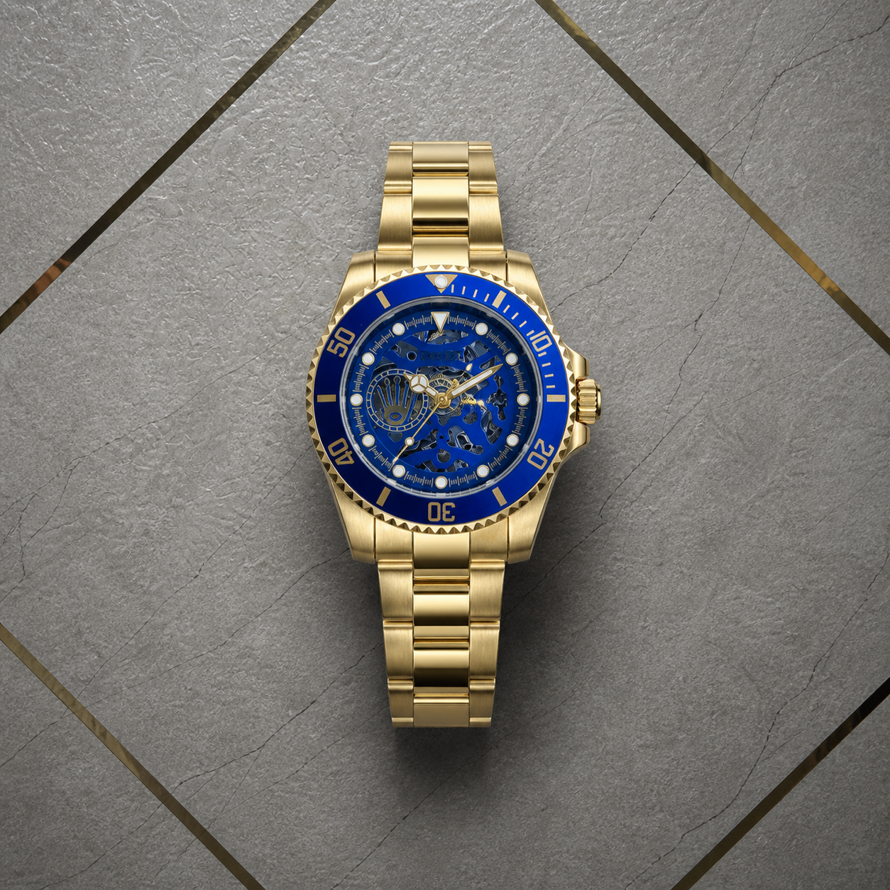 Rolex blue skeleton automatic gold-tone men’s watch on gray office wall