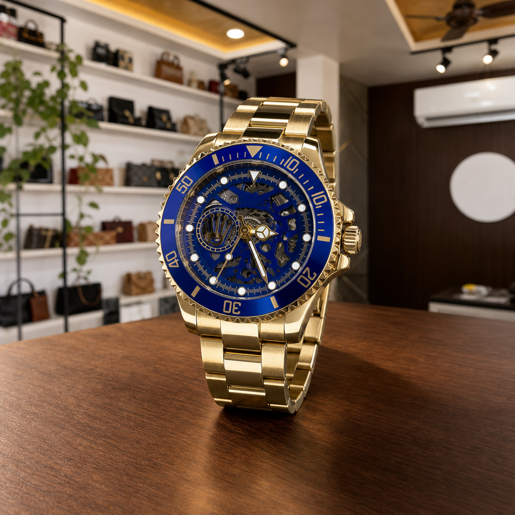 Rolex blue skeleton automatic gold-tone watch in the Primepicks office