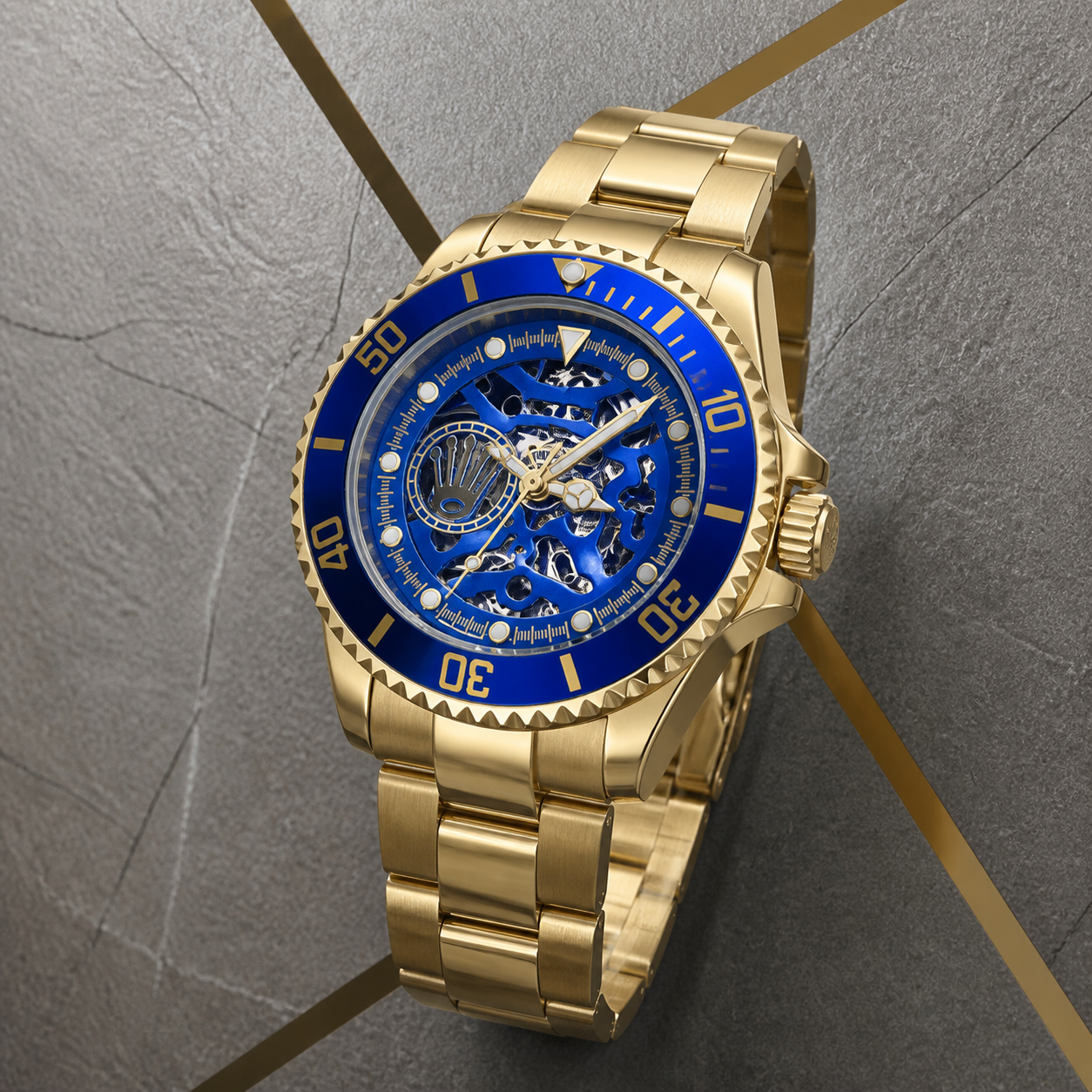 Close-up of Rolex blue skeleton automatic dial and gold-tone bracelet