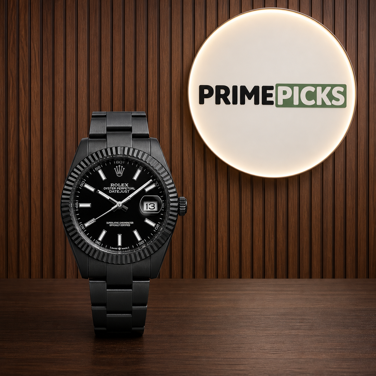 Rolex Datejust black automatic watch with PRIMEPICKS office logo