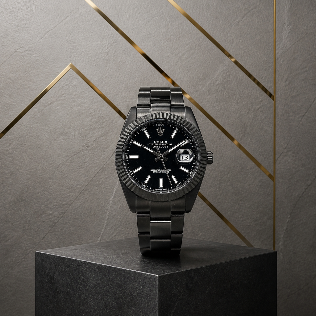 Rolex Datejust 41mm black watch on grey office display