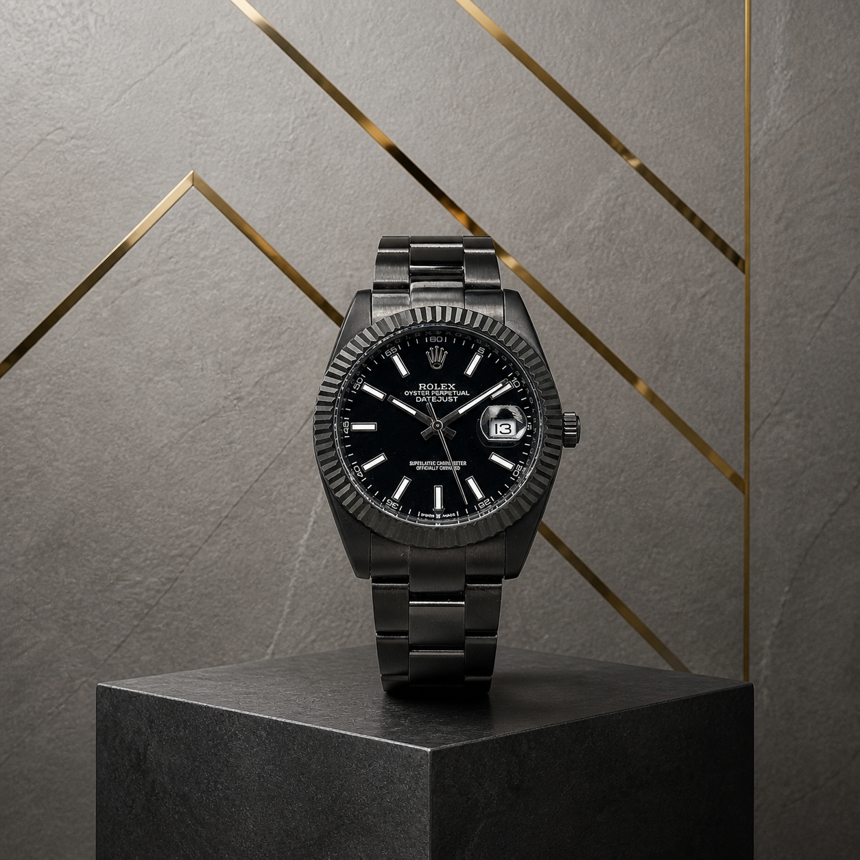 Rolex Datejust 41mm black watch on grey office display