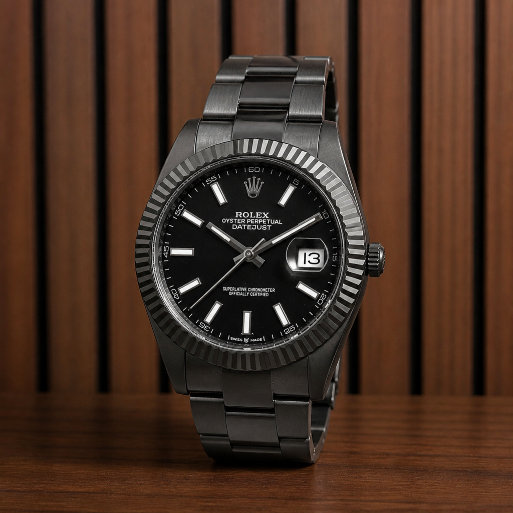 Rolex Datejust black dial and fluted bezel close-up