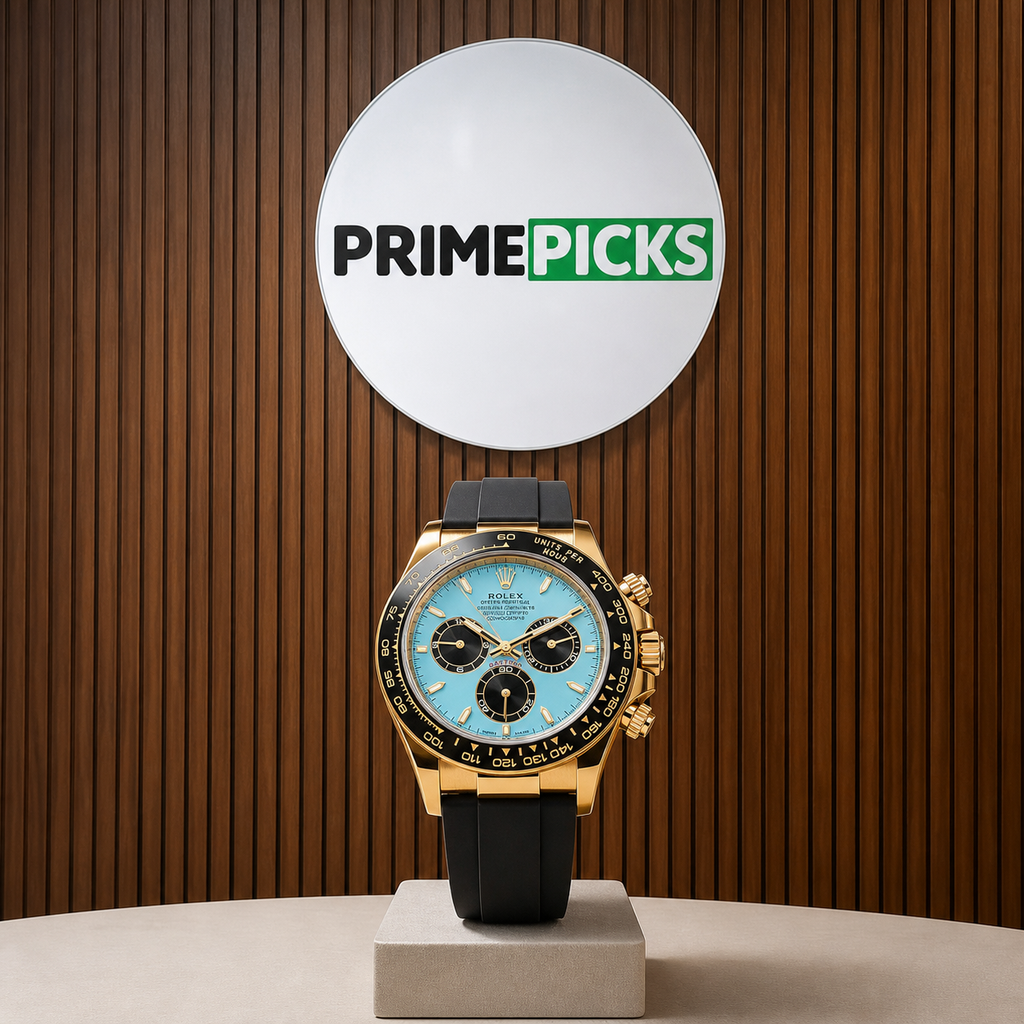 Rolex Daytona-style ice-blue dial watch with PRIMEPICKS office logo