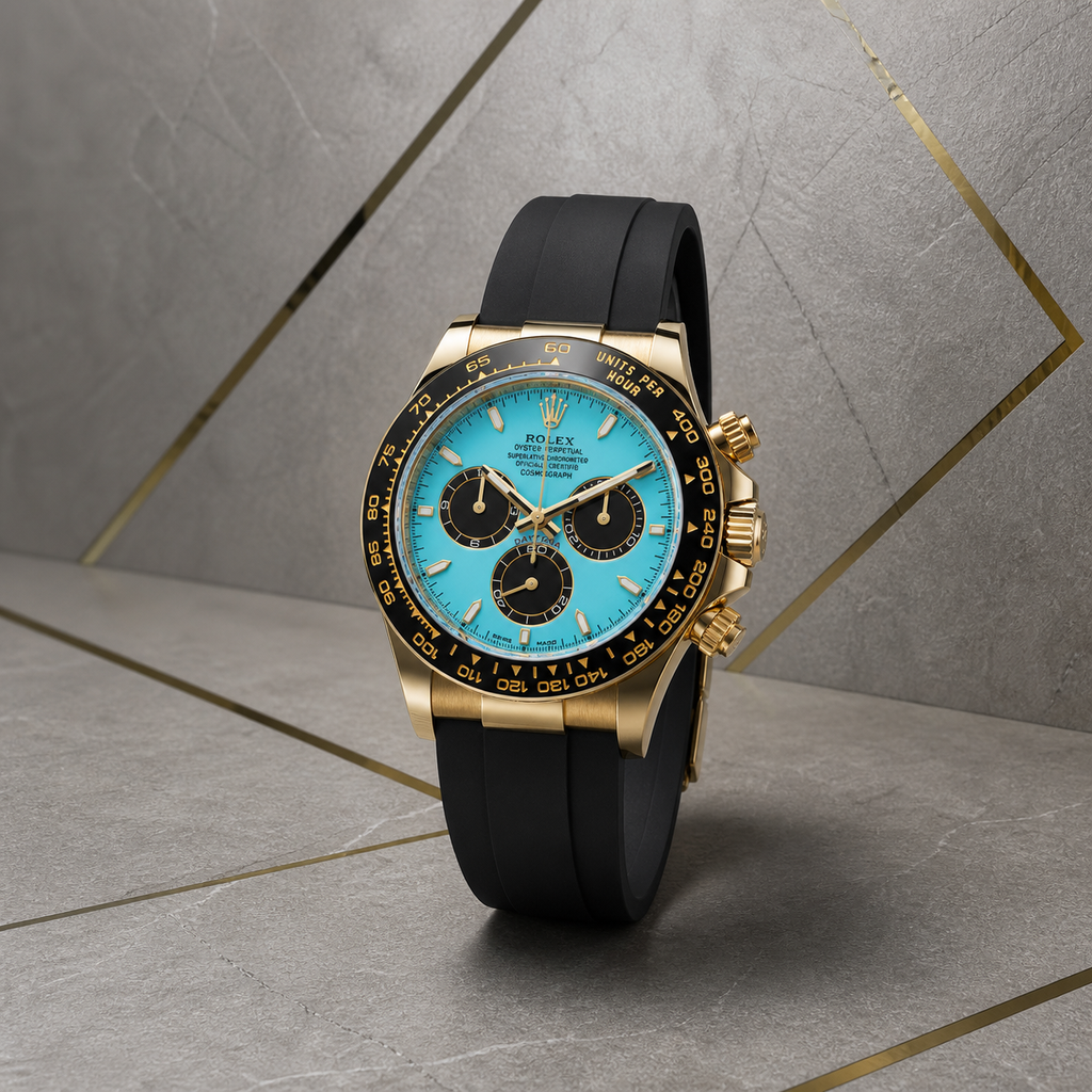 Rolex Daytona-style ice-blue dial watch on grey geometric office wall