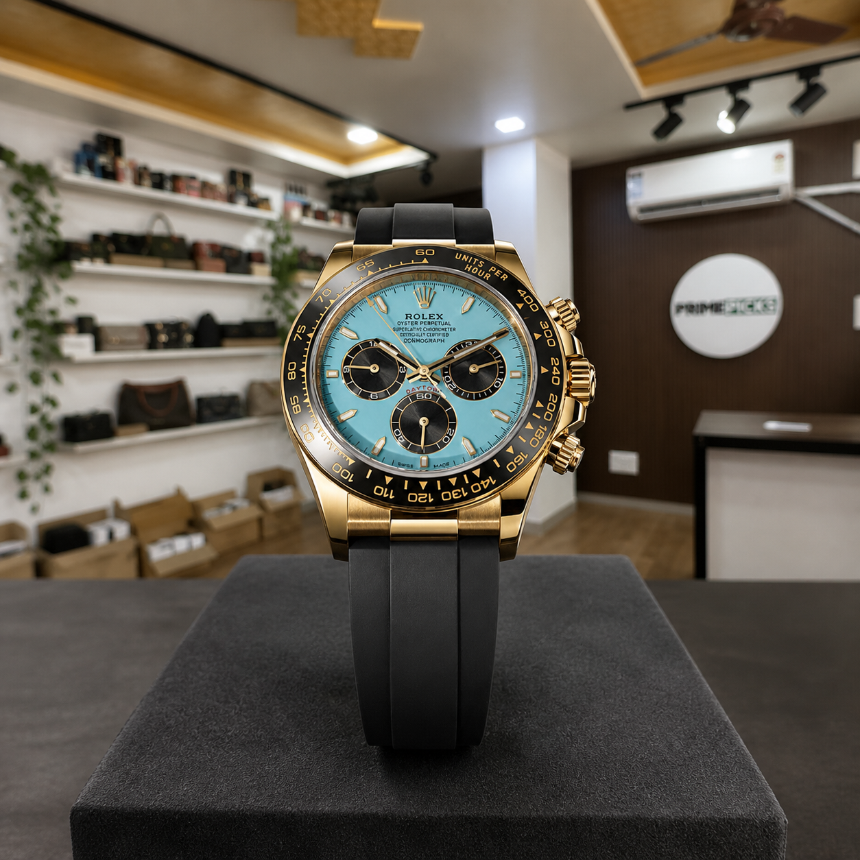 Rolex Daytona-style ice-blue dial watch in Primepicks office interior
