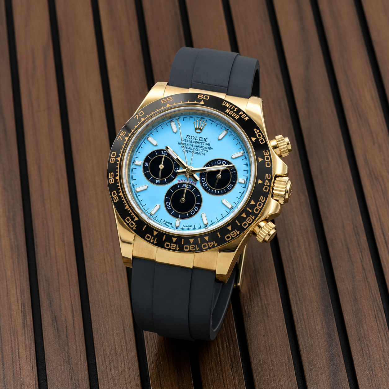 Rolex Daytona-style ice-blue chronograph dial and black strap detail