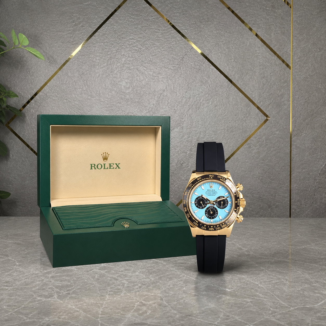 Rolex Daytona-style ice-blue dial watch with green presentation box