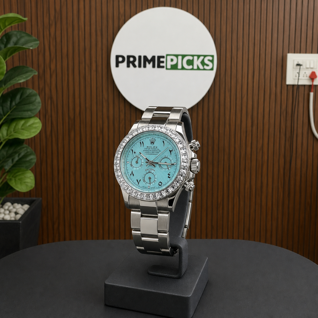 Rolex Daytona men’s watch with sky-blue dial and crystal-set bezel in Primepicks office