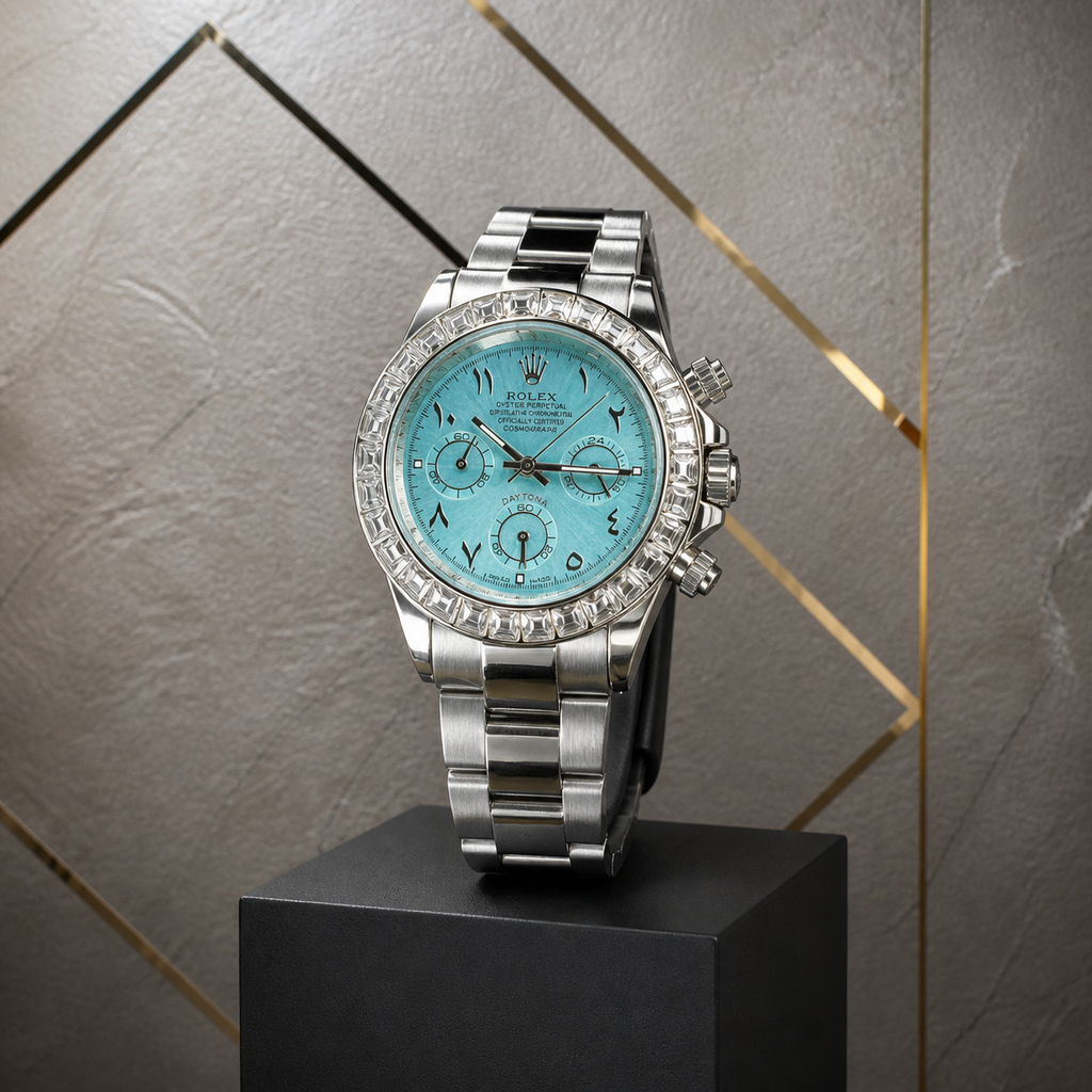 Sky-blue dial Rolex Daytona men’s watch on grey and gold office wall