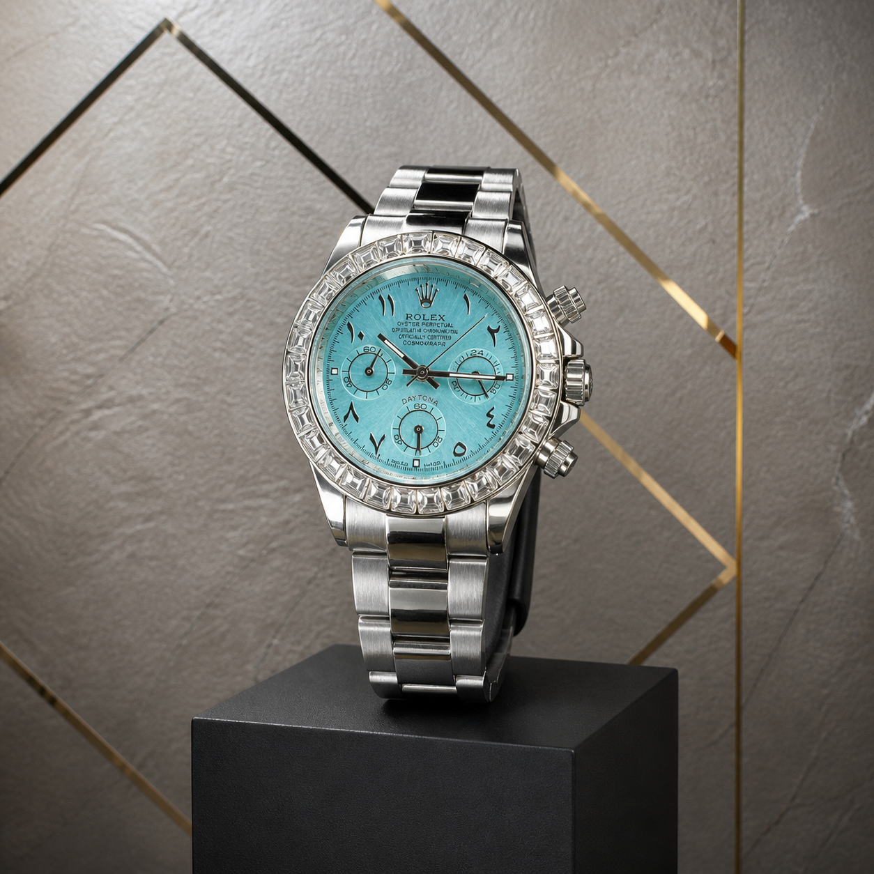 Sky-blue dial Rolex Daytona men’s watch on grey and gold office wall